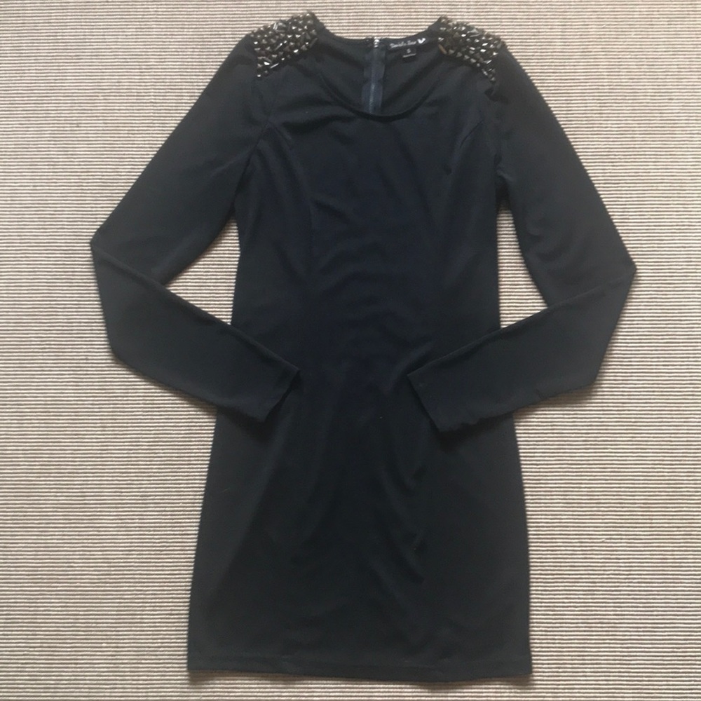 Studded Shoulder Black Long Sleeve Mini Dress